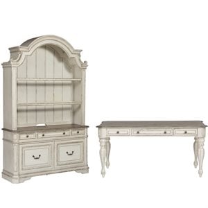 Pemberly Row White 3 Piece Desk and Hutch Set with Antique Pewter Hardware