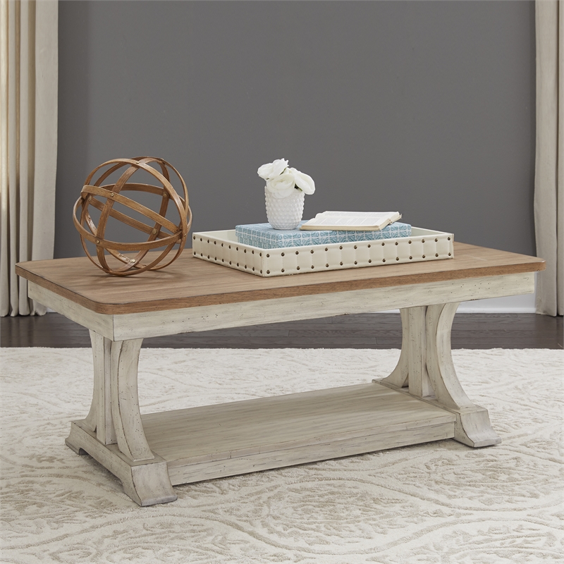 Pemberly Row White Rectangular Cocktail Table with Shaped Legs and Shelf