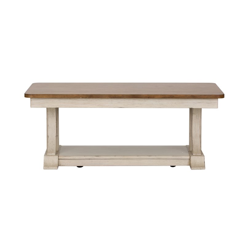 Pemberly Row White Rectangular Cocktail Table with Shaped Legs and Shelf