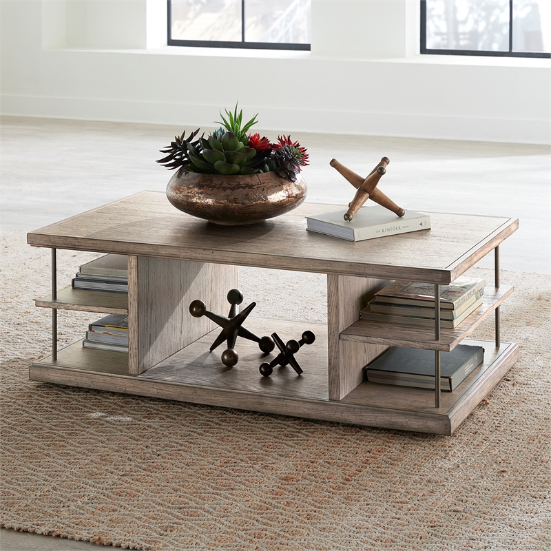 Pemberly Row Wood Cocktail Table with Metal Accents in Burnished Beige
