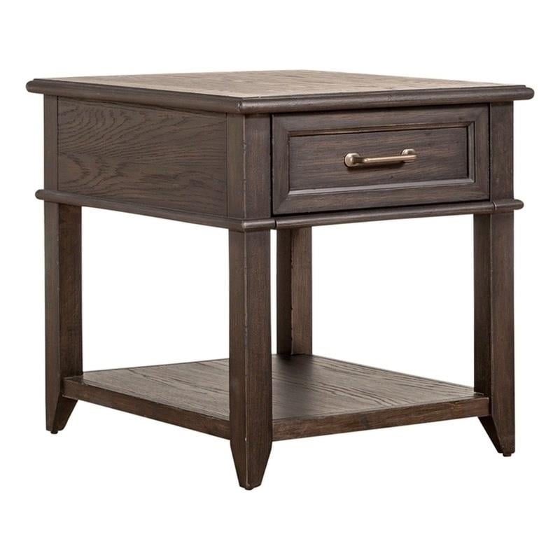 Pemberly Row 1-Drawer Wood End Table with Beveled Edge in Peppercorn Espresso