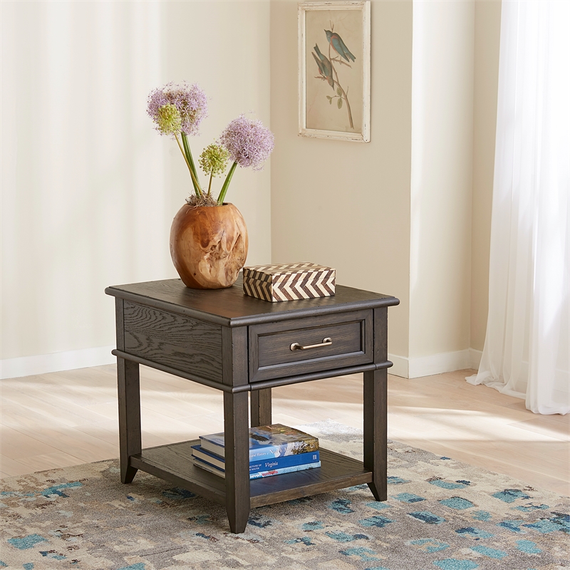 Pemberly Row 1-Drawer Wood End Table with Beveled Edge in Peppercorn Espresso