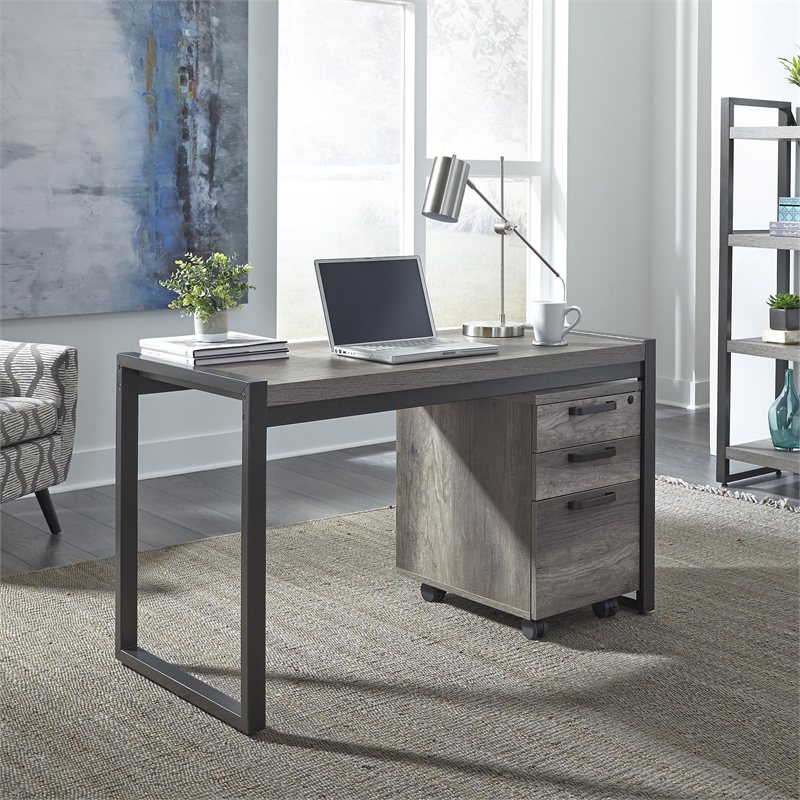 Pemberly Row Medium Gray Writing Desk with Floating Shelf Design