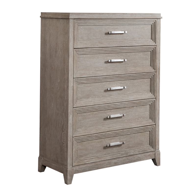 Pemberly Row 5 Drawer Chest with Dovetail in Washed Taupe Silver Champagne