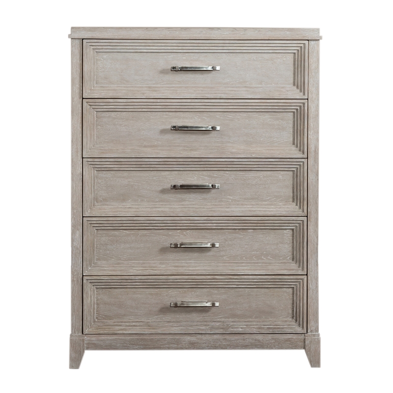 Pemberly Row 5 Drawer Chest with Dovetail in Washed Taupe Silver Champagne