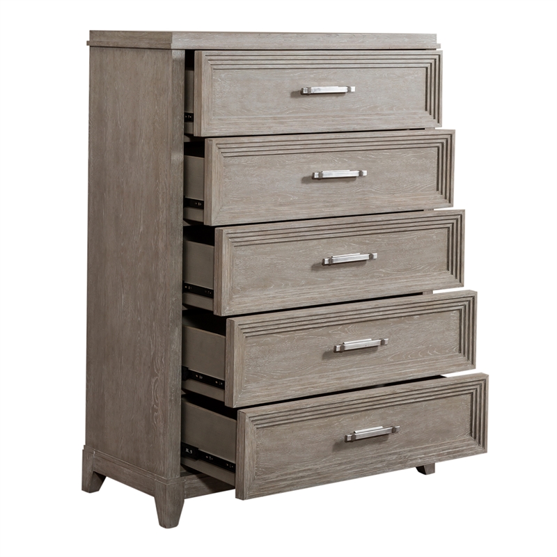 Pemberly Row 5 Drawer Chest with Dovetail in Washed Taupe Silver Champagne