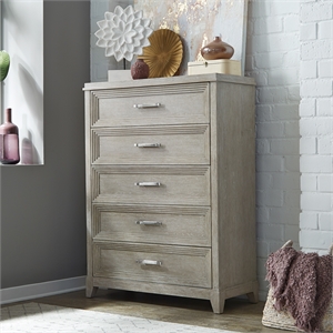 Pemberly Row 5 Drawer Chest with Dovetail in Washed Taupe Silver Champagne