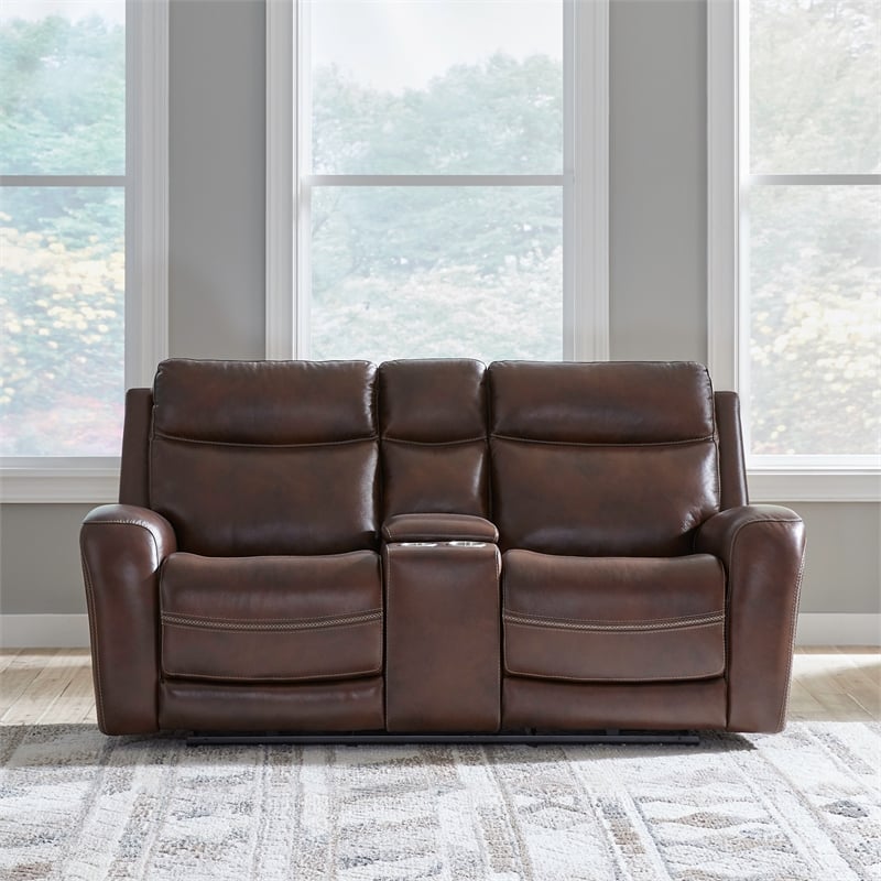 Pemberly Row Blair Transitional Leather Loveseat with Power Recline in Brown