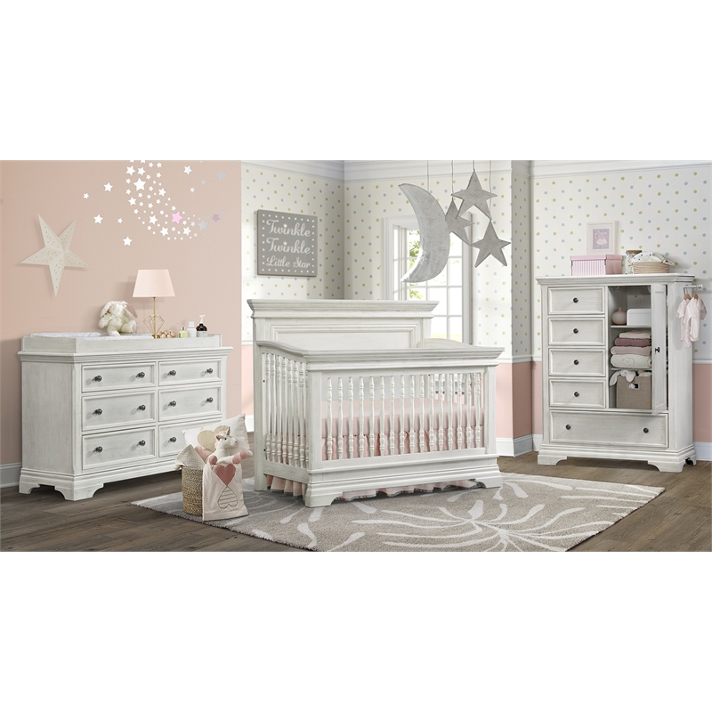 Pemberly Row Traditional Wood Convertible Crib with 3 Heights in Brushed White