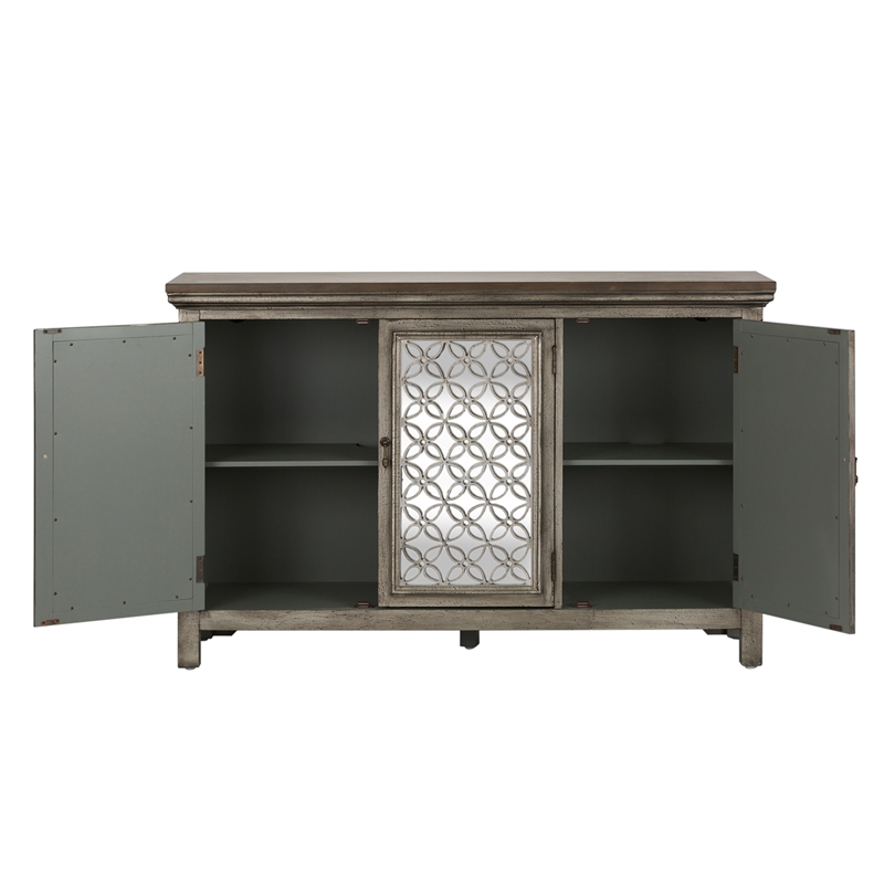 Pemberly Row Multi 3 Door Accent Cabinet with Floral Overlay and Mirror
