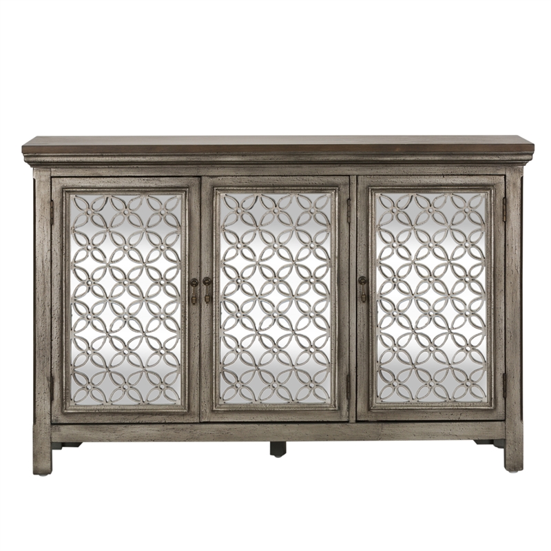 Pemberly Row Multi 3 Door Accent Cabinet with Floral Overlay and Mirror