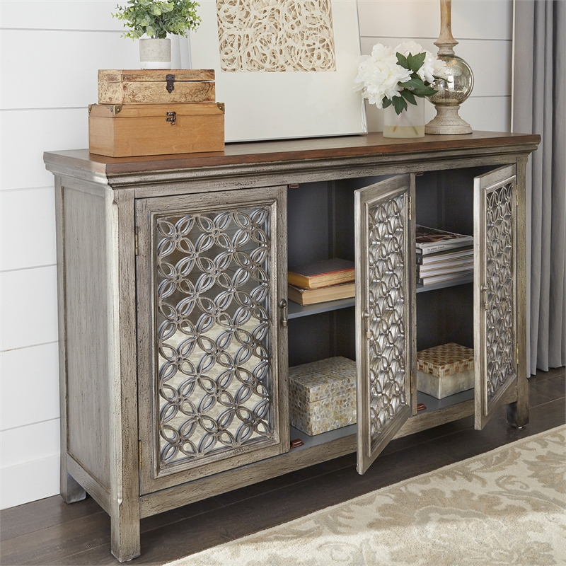 Pemberly Row Multi 3 Door Accent Cabinet with Floral Overlay and Mirror