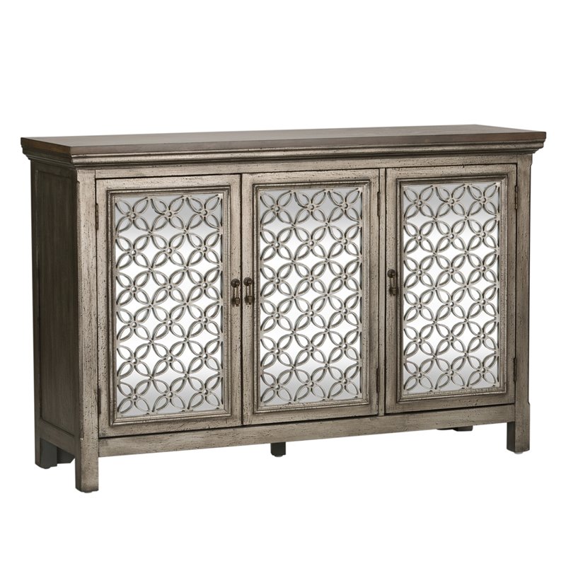 Pemberly Row Multi 3 Door Accent Cabinet with Floral Overlay and Mirror