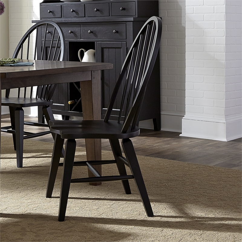 Pemberly Row Windsor Back Side Chair Set of 2 in Black with Nylon Glides