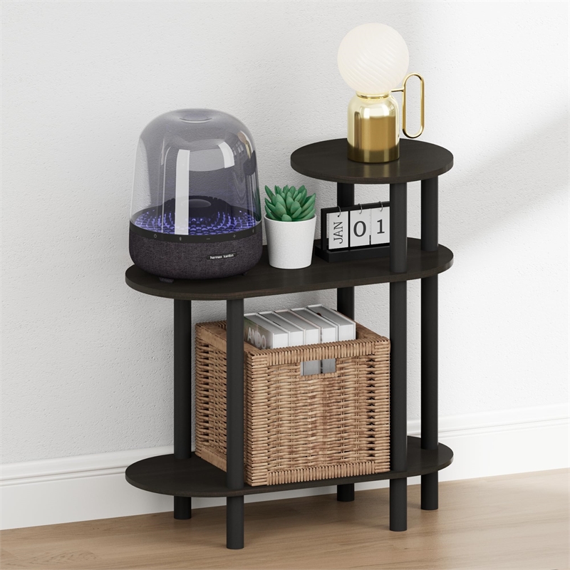 Pemberly Row 3-Tier Oval Sofa Open Shelf Narrow Nightstand in Espresso