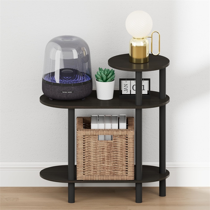 Pemberly Row 3-Tier Oval Sofa Open Shelf Narrow Nightstand in Espresso