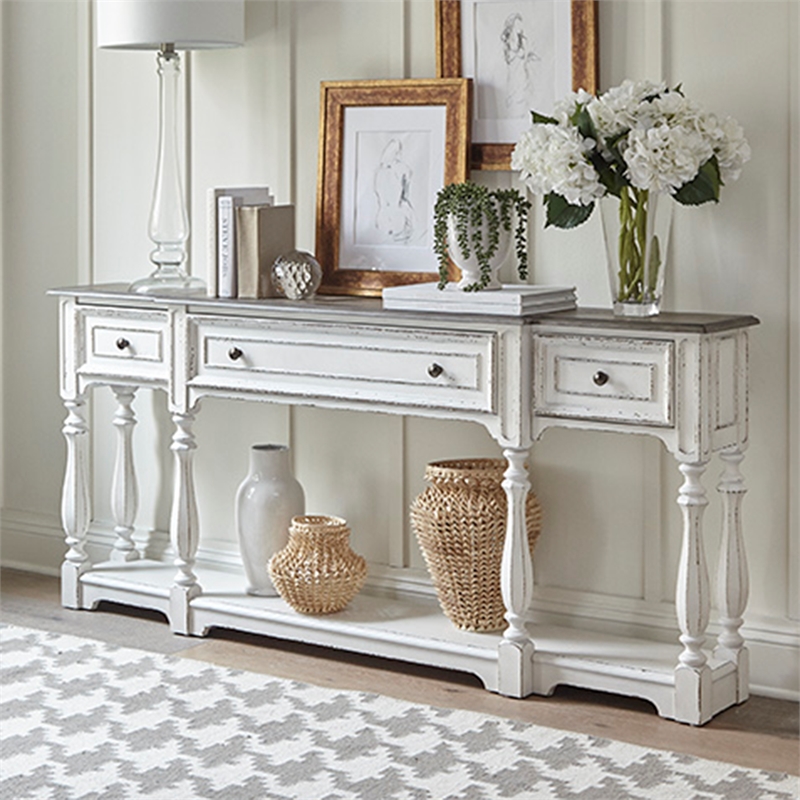 Pemberly Row White 72 Inch Hall Console Table with Bottom Shelf