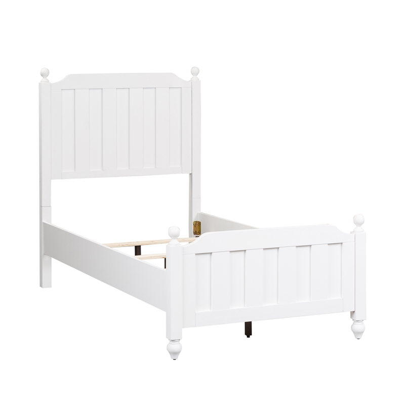 Pemberly Row White Twin Wood Panel Bed with Slat Overlays and Finials