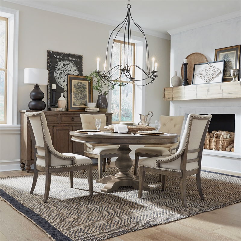 Pemberly Row 5 Piece Pedestal Table Set with Starburst Veneer in Dusty Taupe