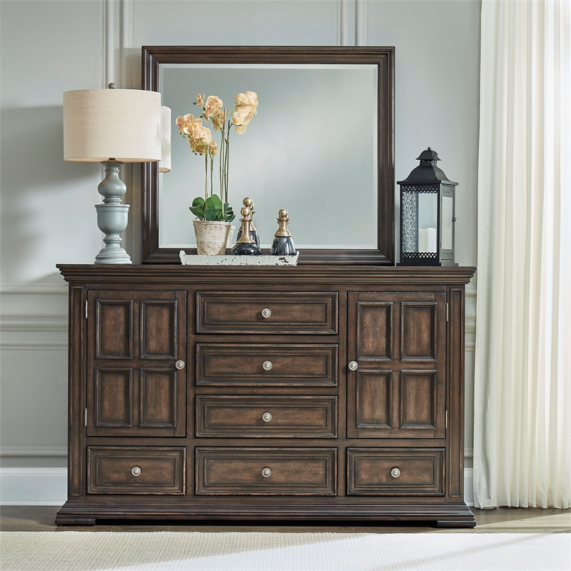 Pemberly Row Light Brown Dresser and Mirror with Felt Lined Top Drawers