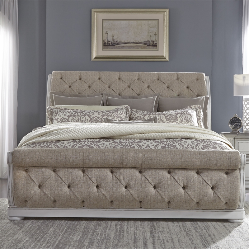 Pemberly Row White Queen Upholstered Sleigh Bed with Tufted Chenille