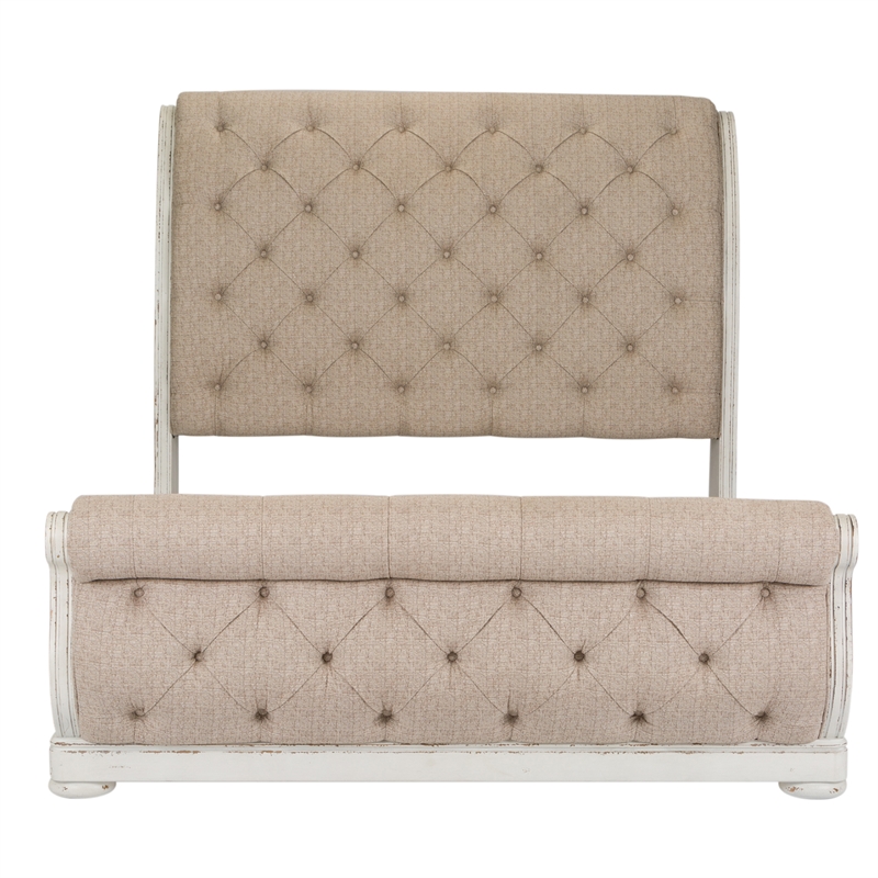 Pemberly Row White Queen Upholstered Sleigh Bed with Tufted Chenille