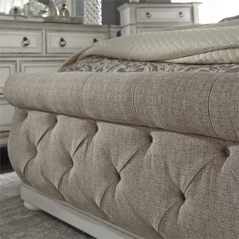 Pemberly Row White Queen Upholstered Sleigh Bed with Tufted Chenille