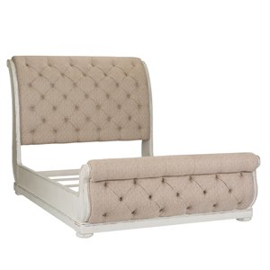Pemberly Row White Queen Upholstered Sleigh Bed with Tufted Chenille