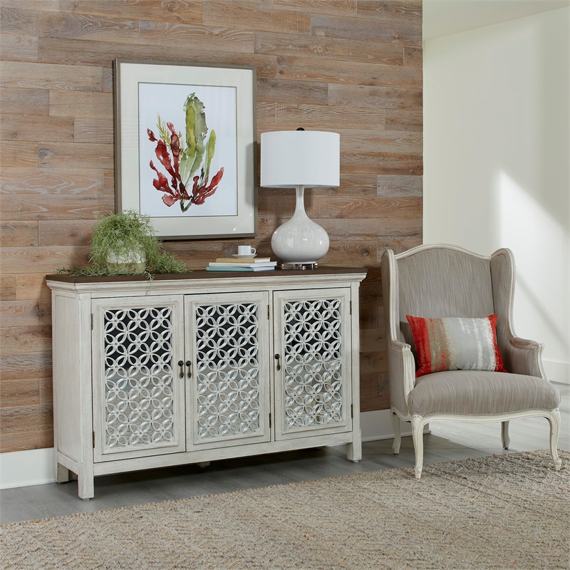 Pemberly Row 3 Door Accent Cabinet with Mirrored Glass in White/Gray
