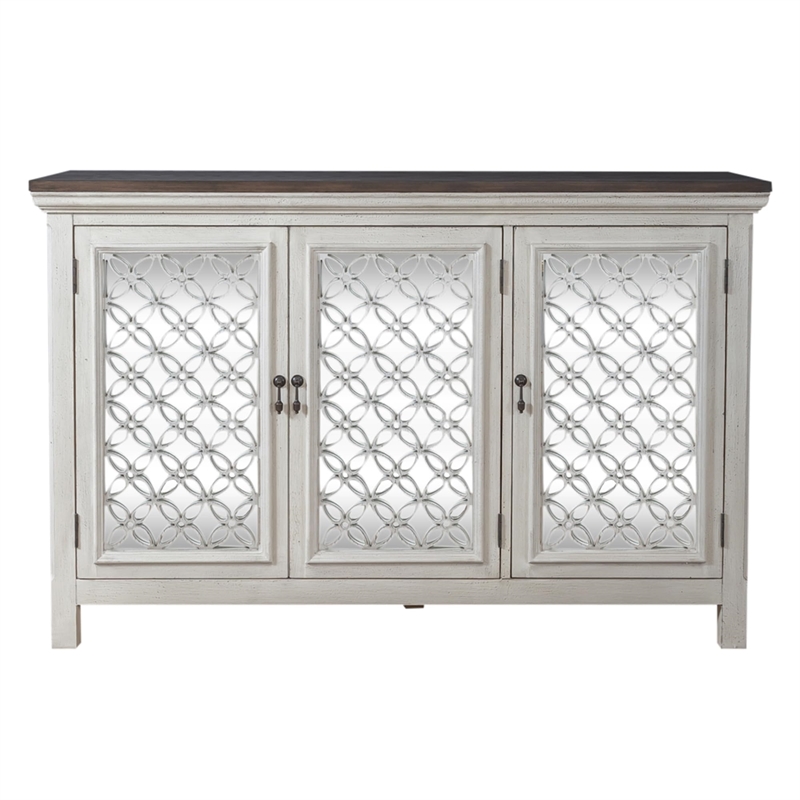 Pemberly Row 3 Door Accent Cabinet with Mirrored Glass in White/Gray
