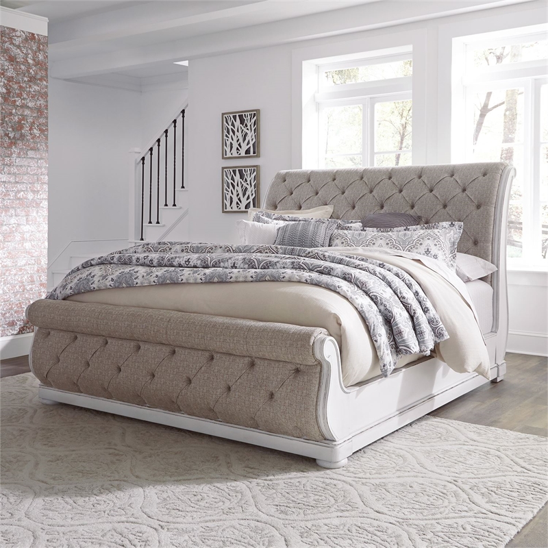 Pemberly Row White Queen Upholstered Sleigh Bed with Tufted Chenille