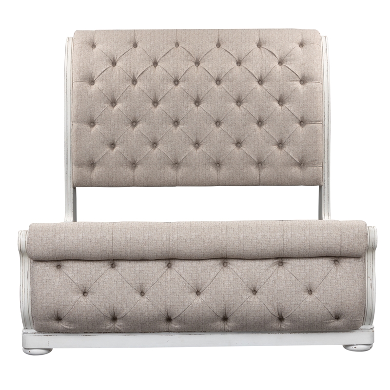 Pemberly Row White Queen Upholstered Sleigh Bed with Tufted Chenille
