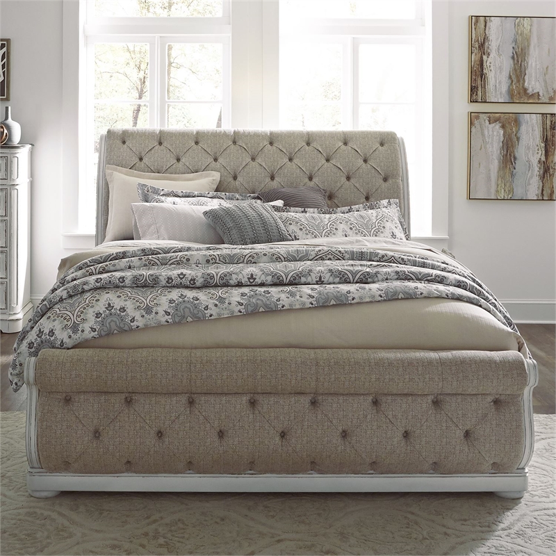 Pemberly Row White Queen Upholstered Sleigh Bed with Tufted Chenille