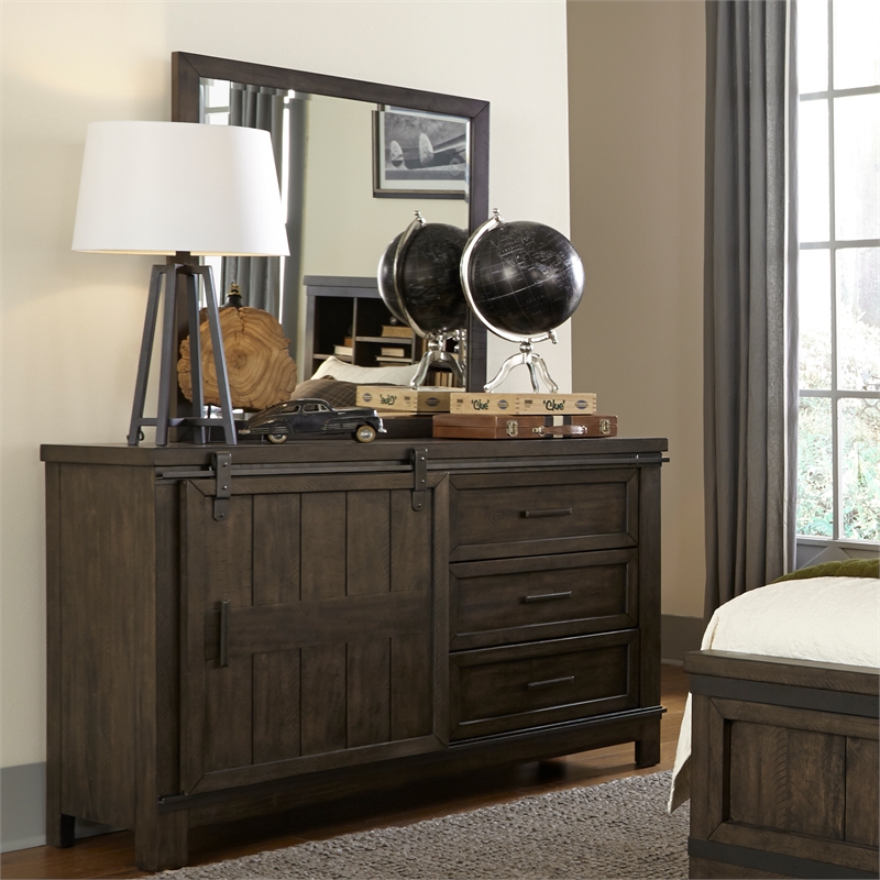 Pemberly Row Dark Gray Barn Door Dresser with Dovetail Drawer Glides