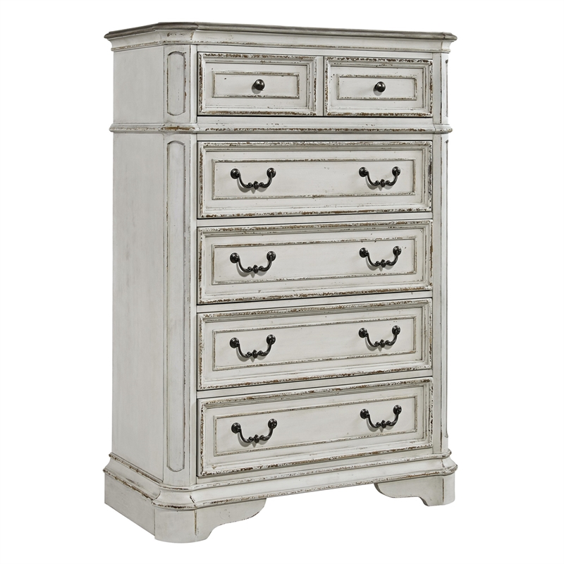 Pemberly Row White 5 Drawer Chest with Felt Lined Top Drawers and Bail