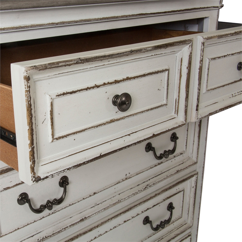 Pemberly Row White 5 Drawer Chest with Felt Lined Top Drawers and Bail