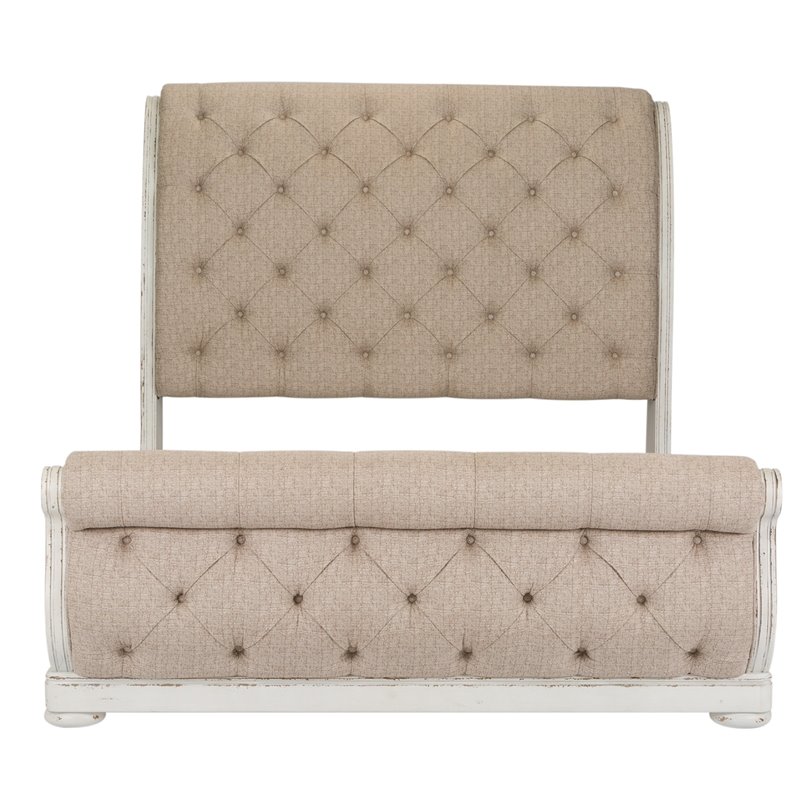 Pemberly Row White King Upholstered Sleigh Bed with Tufted Chenille