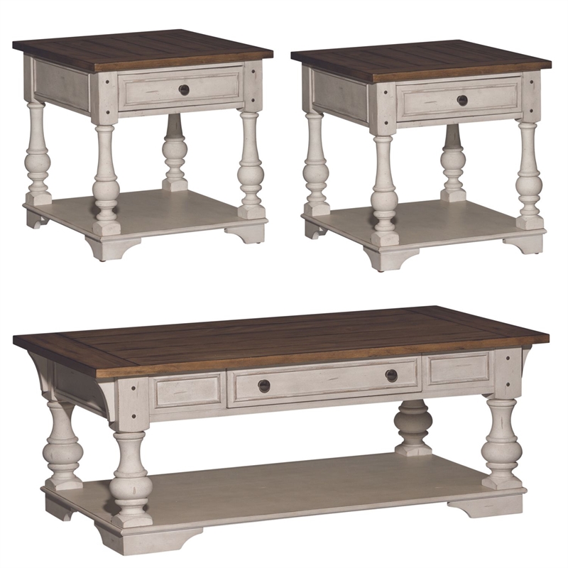 Pemberly Row 3 Piece Cocktail Set with Casters in Antique White/Tobacco