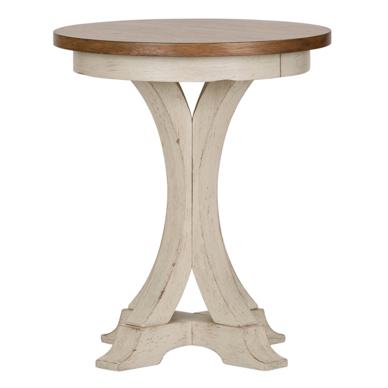 Pemberly Row White Round Chair Side Table with Tapered Legs and Distressing