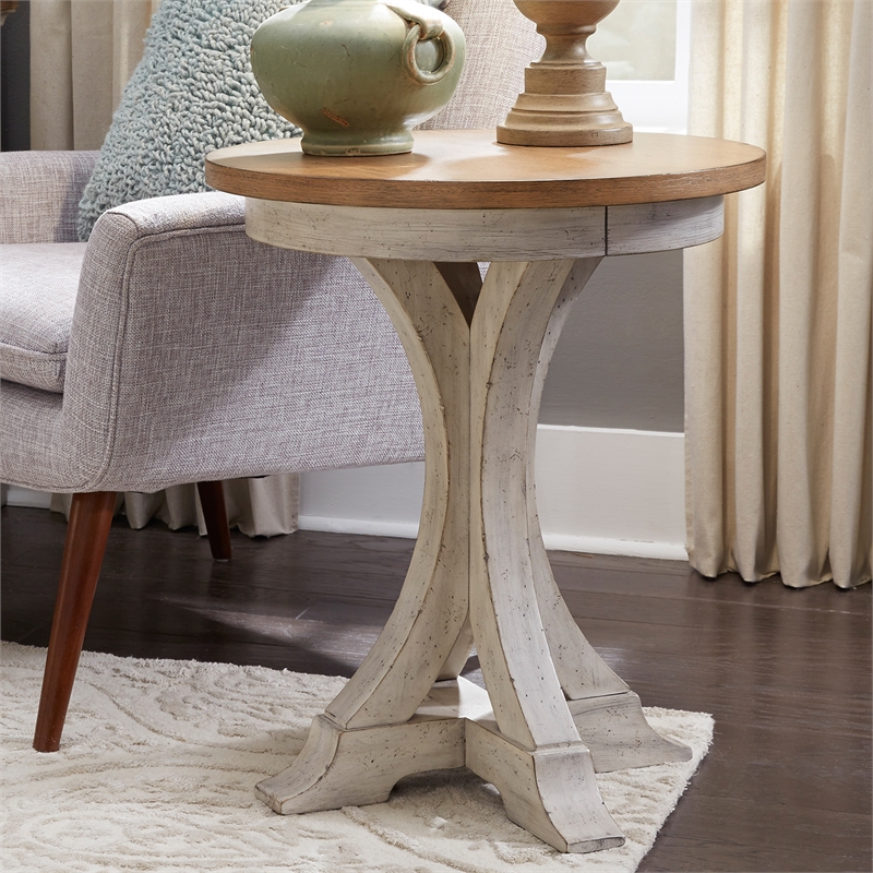 Pemberly Row White Round Chair Side Table with Tapered Legs and Distressing
