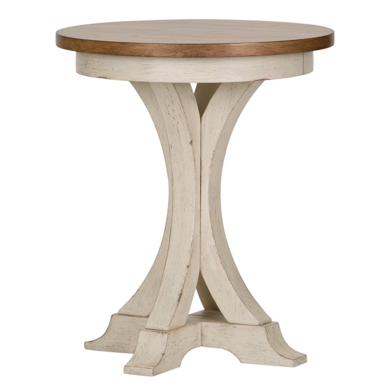 Pemberly Row White Round Chair Side Table with Tapered Legs and Distressing