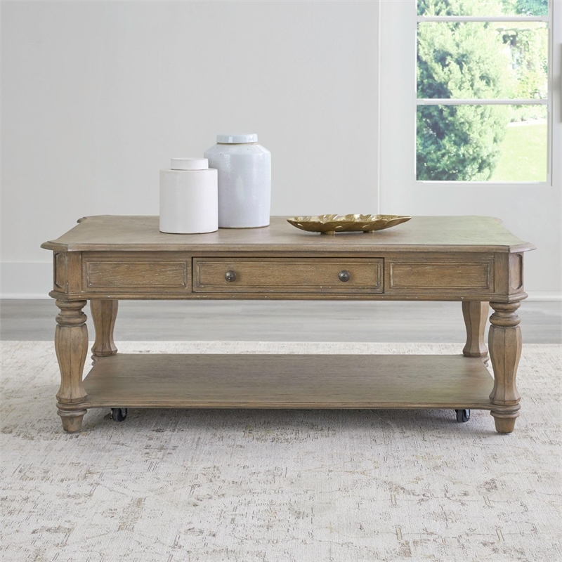Pemberly Row Rectangular Cocktail Table with Casters and Bottom Shelf