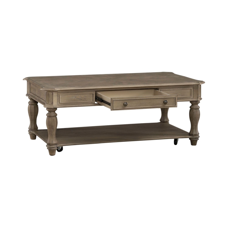 Pemberly Row Rectangular Cocktail Table with Casters and Bottom Shelf