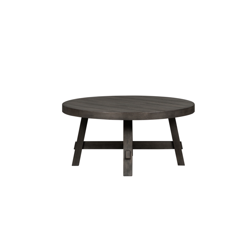 Pemberly Row Splay Leg Round Cocktail Table with Open Slat Leg Design