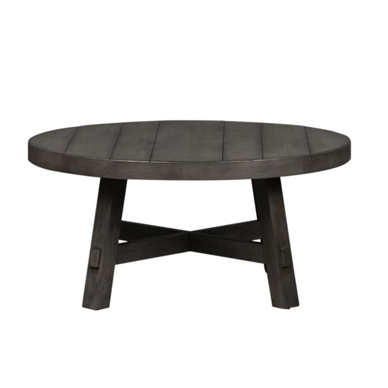 Pemberly Row Splay Leg Round Cocktail Table with Open Slat Leg Design