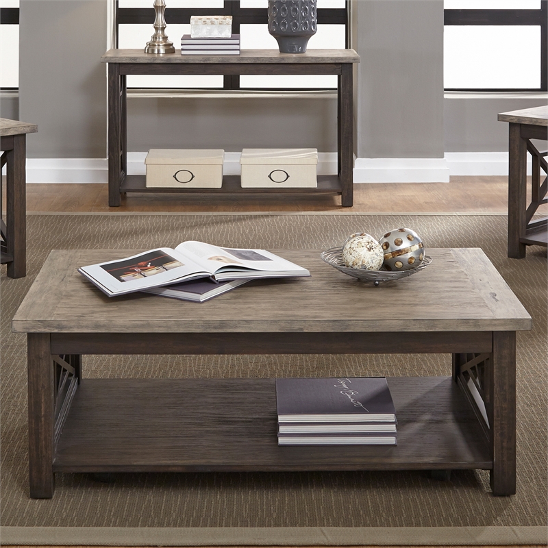 Pemberly Row Black 3 Piece Set with Cocktail and End Tables in Ash/Charcoal