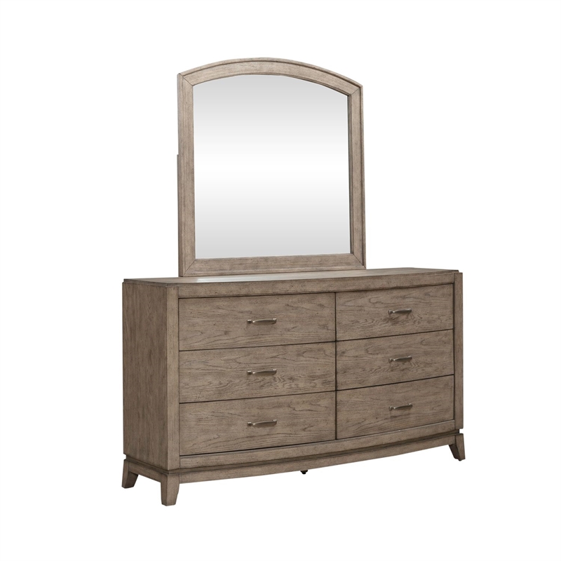 Pemberly Row 6 Drawer Dresser and Beveled Mirror Set in Burnished Beige