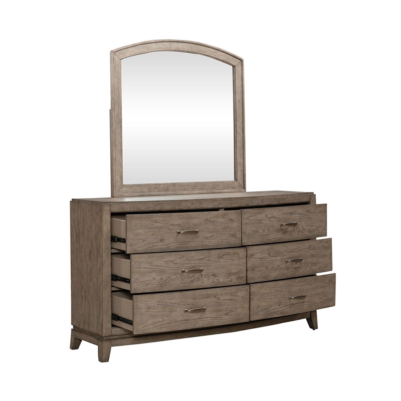 Pemberly Row 6 Drawer Dresser and Beveled Mirror Set in Burnished Beige