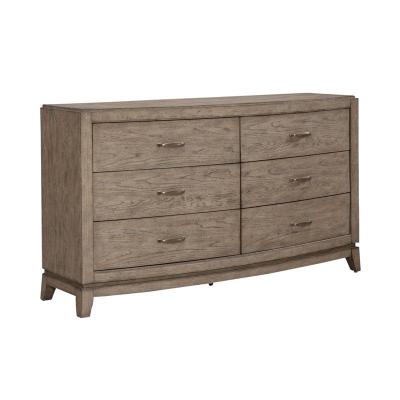 Pemberly Row 6 Drawer Dresser and Beveled Mirror Set in Burnished Beige