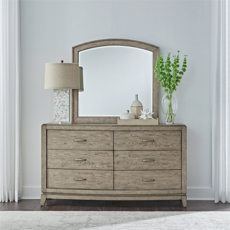 Pemberly Row 6 Drawer Dresser and Beveled Mirror Set in Burnished Beige